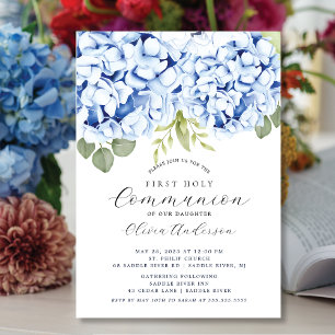Elegant Blue Hydrangea Erste Kommune Einladung