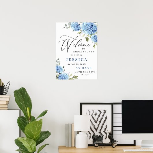 Elegant Blue Hydrangea Eucalyptus Brautparty Poster (Heimbüro)