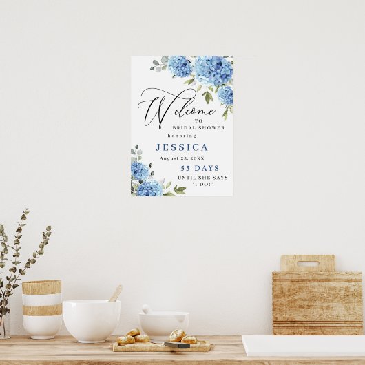 Elegant Blue Hydrangea Eucalyptus Brautparty Poster (Küche)