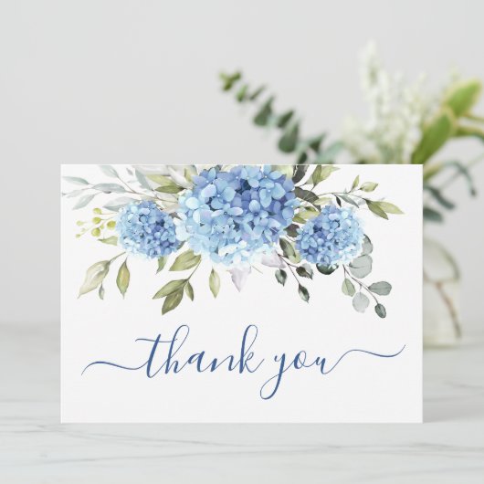 Elegant Blue Hydrangea Eucalyptus Dankeschön-Karte Einladung (Stehend Vorderseite)