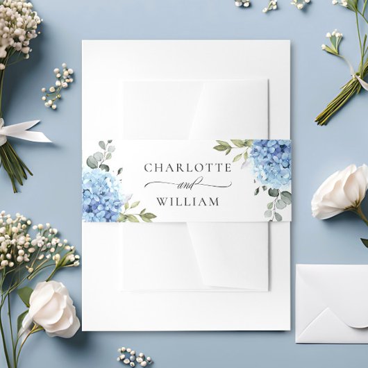 Elegant Blue Hydrangea Eucalyptus Floral Wedding Einladungsbanderole