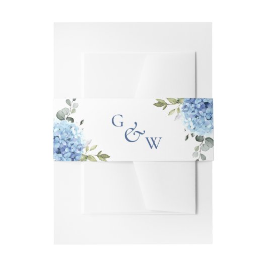 Elegant Blue Hydrangea Eucalyptus Monogram Wedding Einladungsbanderole (Vorderseite Beispiel)