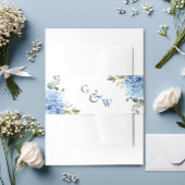 Elegant Blue Hydrangea Eucalyptus Monogram Wedding Einladungsbanderole