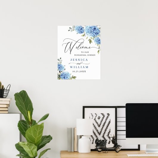 Elegant Blue Hydrangea Eucalyptus PROBE DINNER Poster (Heimbüro)