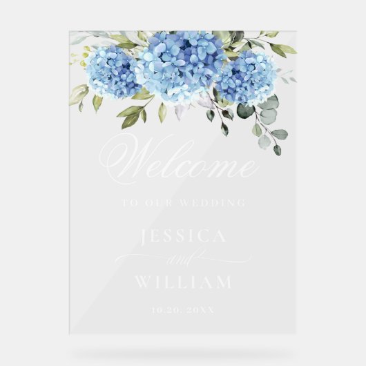 Elegant Blue Hydrangea Eucalyptus WEDDING Empfang Acrylschild (Vorderseite)