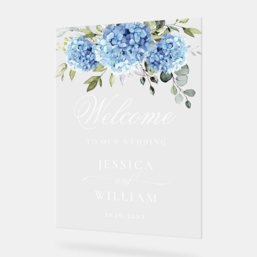 Elegant Blue Hydrangea Eucalyptus WEDDING Empfang Acrylschild (Winkel)