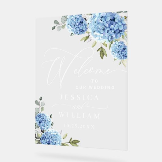 Elegant Blue Hydrangea Eucalyptus WEDDING Empfang Acrylschild (Winkel)