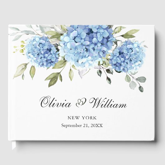 Elegant Blue Hydrangea Eucalyptus Wedding Gästebuch (Vorderseite)