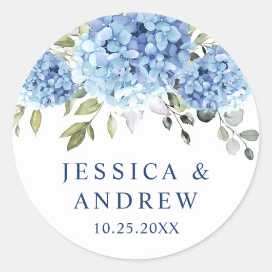 Elegant Blue Hydrangea Eucalyptus Wedding Runder Aufkleber (Vorderseite)