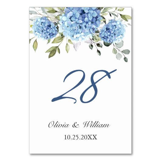 Elegant Blue Hydrangea Eucalyptus Wedding Tischnummer (Vorderseite)