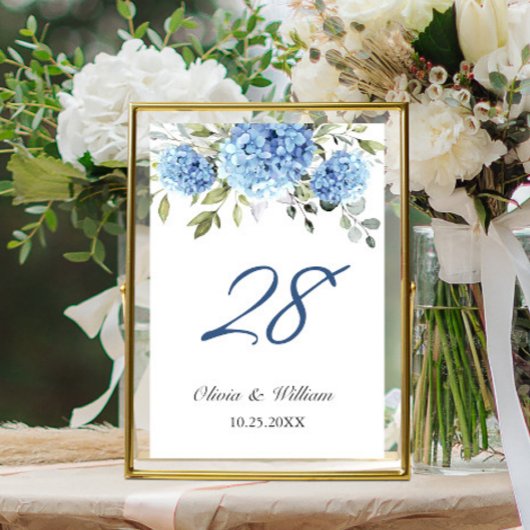 Elegant Blue Hydrangea Eucalyptus Wedding Tischnummer