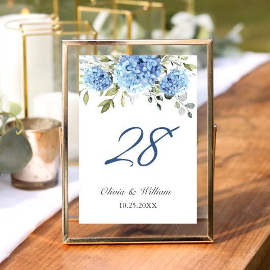 Elegant Blue Hydrangea Eucalyptus Wedding Tischnummer