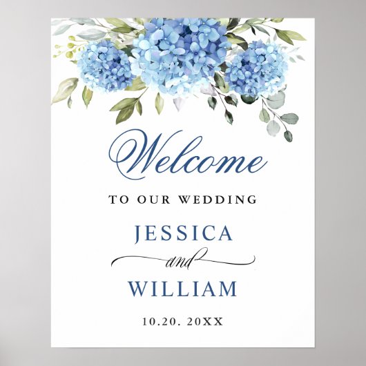 Elegant Blue Hydrangea Eucalyptus Wedding Willkomm Poster (Vorne)