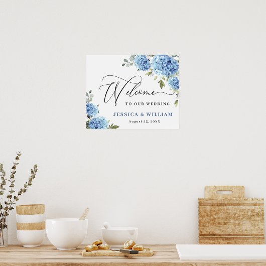 Elegant Blue Hydrangea Eucalyptus Wedding Willkomm Poster (Küche)