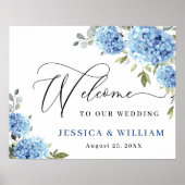 Elegant Blue Hydrangea Eucalyptus Wedding Willkomm Poster (Vorne)