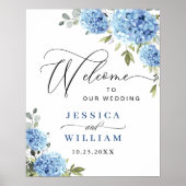 Elegant Blue Hydrangea Eucalyptus Wedding Willkomm Poster (Vorne)