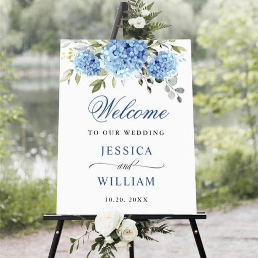Elegant Blue Hydrangea Eucalyptus Wedding Willkomm Poster