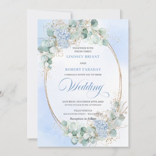 Elegant Blue Hydrangea Eucalyptus Wheat Wedding  Einladung (Vorderseite)