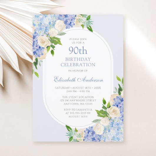 Elegant Blue Hydrangea Floral 90. Geburtstag Einladung