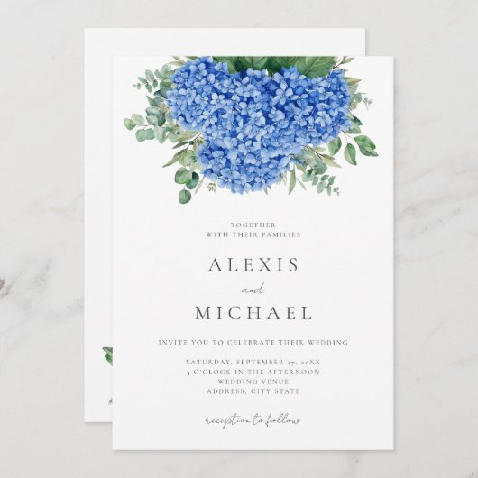 Elegant Blue Hydrangea Floral Einladung (Vorne/Hinten)