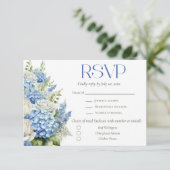 Elegant Blue Hydrangea Floral Meal Choice Wedding RSVP Karte (Stehend Vorderseite)
