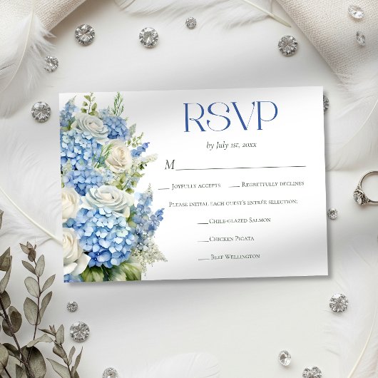 Elegant Blue Hydrangea Floral Meal Choice Wedding RSVP Karte