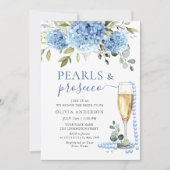 Elegant Blue Hydrangea Floral PEARLS & Prosecco Einladung (Vorderseite)