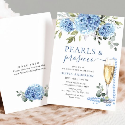 Elegant Blue Hydrangea Floral PEARLS & Prosecco Einladung