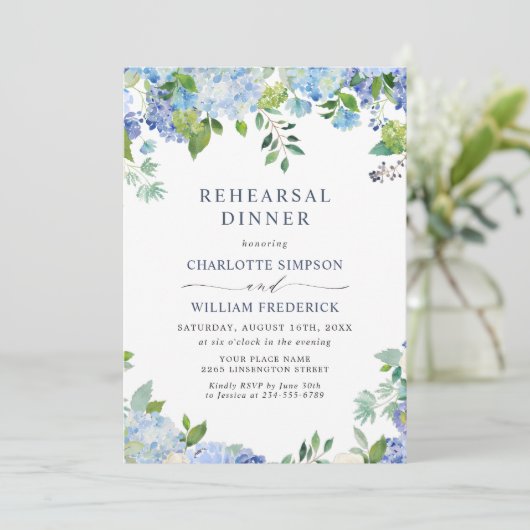Elegant Blue Hydrangea Floral PROBE DINNER Einladung (Stehend Vorderseite)