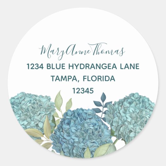 Elegant Blue Hydrangea Floral Rücksendeadresse Runder Aufkleber (Vorderseite)