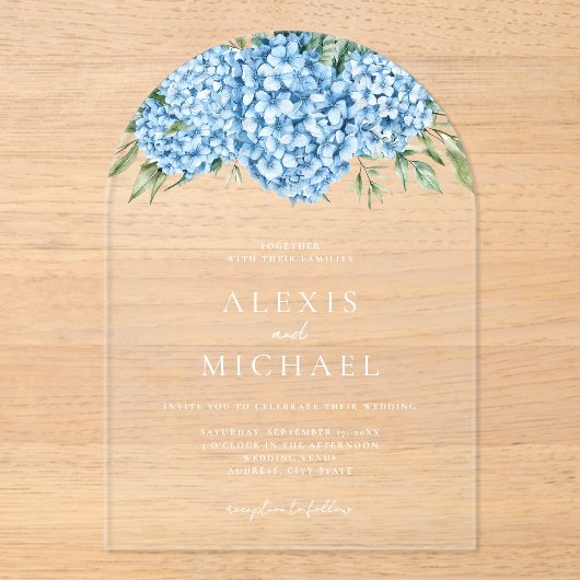 Elegant Blue Hydrangea Floral Wedding Acryleinladungen (Vorderseite)