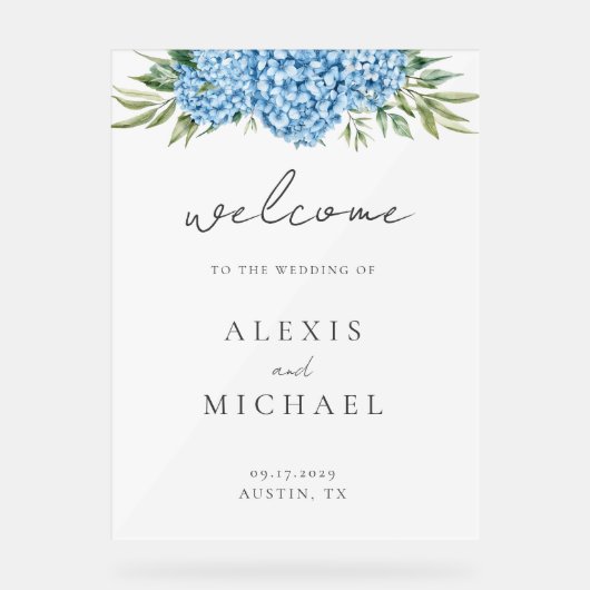 Elegant Blue Hydrangea Floral Wedding Acrylschild (Vorderseite)