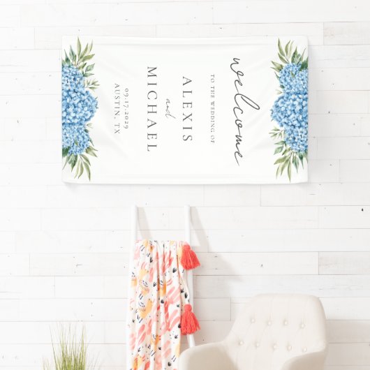 Elegant Blue Hydrangea Floral Wedding Banner (Insitu)