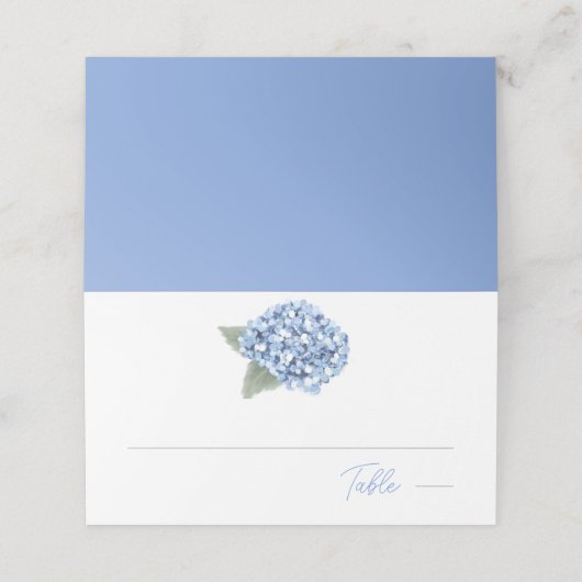 Elegant Blue Hydrangea Floral Wedding Platzkarte (Außenseite Aufgefaltet)