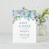 Elegant Blue Hydrangea Floral Wedding Save The Date (Stehend Vorderseite)