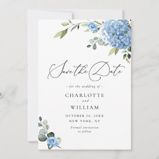 Elegant Blue Hydrangea Floral Wedding Save The Date (Vorderseite)