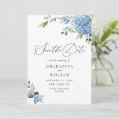 Elegant Blue Hydrangea Floral Wedding Save The Date (Stehend Vorderseite)