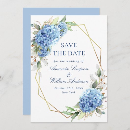 Elegant Blue Hydrangea Floral Wedding Save The Date (Vorne/Hinten)