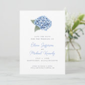 Elegant Blue Hydrangea Floral Wedding Save The Date (Stehend Vorderseite)