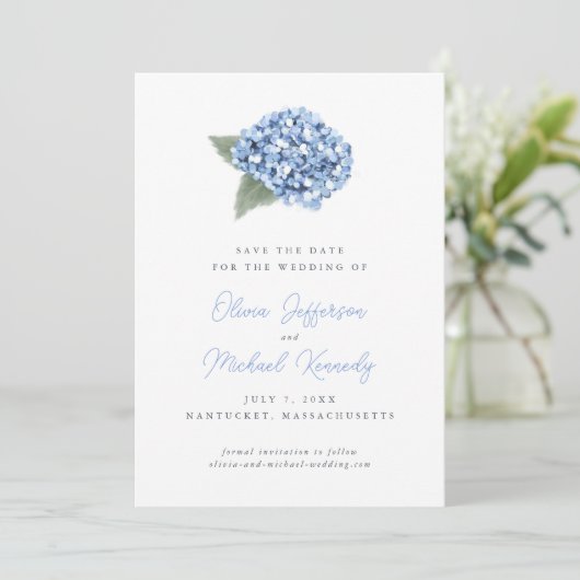 Elegant Blue Hydrangea Floral Wedding Save The Date (Stehend Vorderseite)