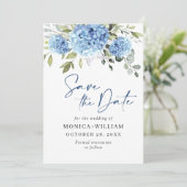 Elegant Blue Hydrangea Floral Wedding Save The Date (Stehend Vorderseite)