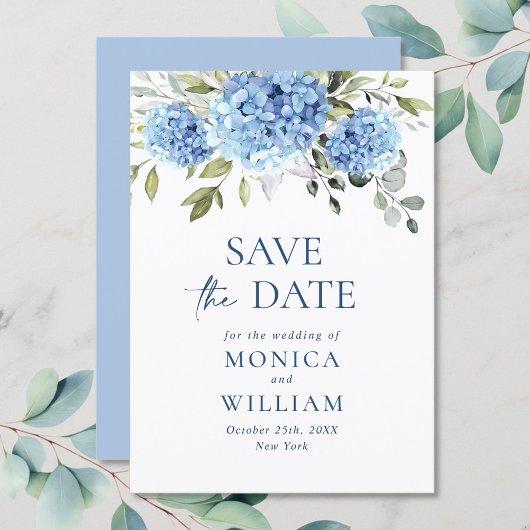 Elegant Blue Hydrangea Floral Wedding Save The Date