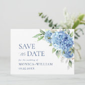 Elegant Blue Hydrangea Floral Wedding Save The Date (Stehend Vorderseite)