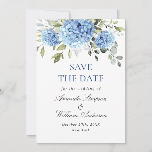 Elegant Blue Hydrangea Floral Wedding Save The Date (Vorderseite)