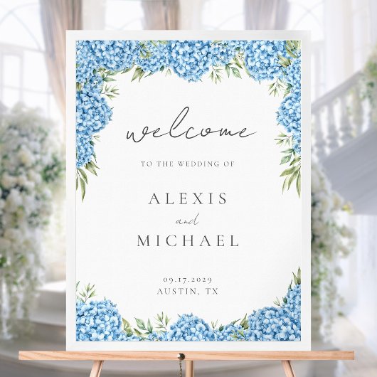 Elegant Blue Hydrangea Floral Wedding Willkommen Poster