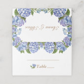 Elegant Blue Hydrangea Floral White Wedding Place Platzkarte (Außenseite Aufgefaltet)