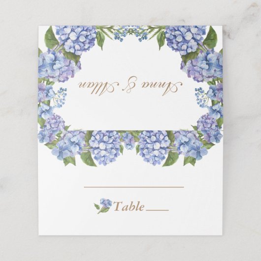 Elegant Blue Hydrangea Floral White Wedding Place Platzkarte (Außenseite Aufgefaltet)