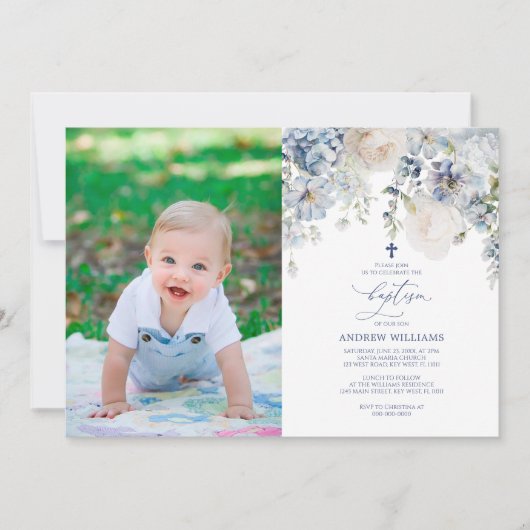 Elegant Blue Hydrangea Foto Taufe Einladung (Vorderseite)