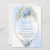 Elegant Blue Hydrangea Gold Script 16th Birthday Einladung (Vorderseite)