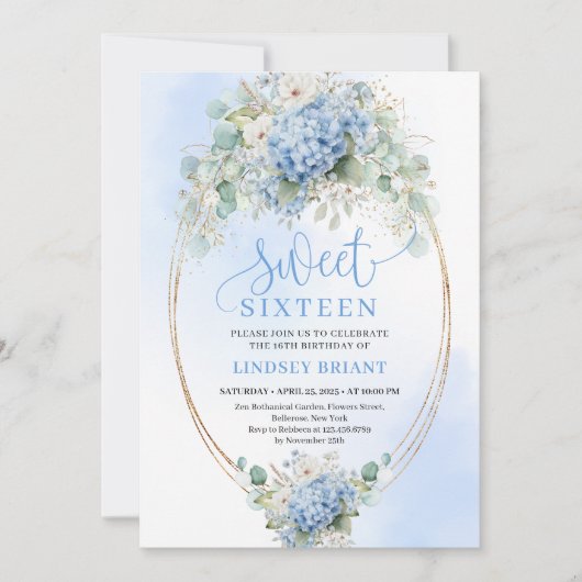 Elegant Blue Hydrangea Gold Script 16th Birthday Einladung (Vorderseite)